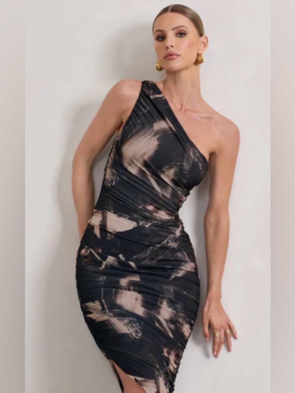 Club L London One-Shoulder Black & Beige Abstract Bodycon Dress